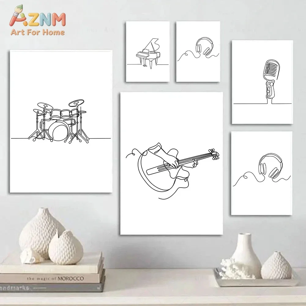 AZNM Minimalist Black White Single Line Music Instrument Canvas Wall Art, Guitar Piano Headphone Drum Note Modern Art Studio Roo