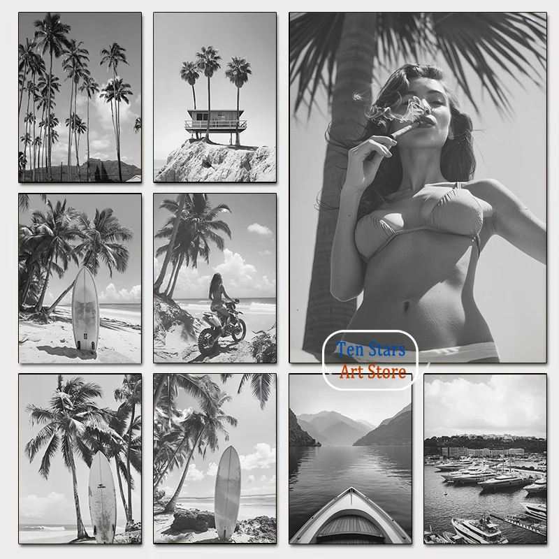 الرجعية حرس خمر أبيض وأسود كاليفورنيا شجرة النخيل ماليبو تصفح المشارك حائط لوح رسم صور ديكور المنزل فندق