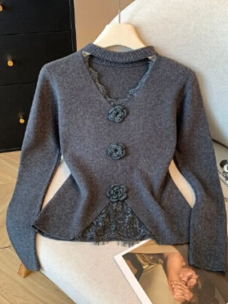 블루 플로럴 레이스 V넥 니트 스웨터 여성 이너웨어 네이징 디자인 루즈핏 스윗 슬레 시 워크 폴리에스터 섬유