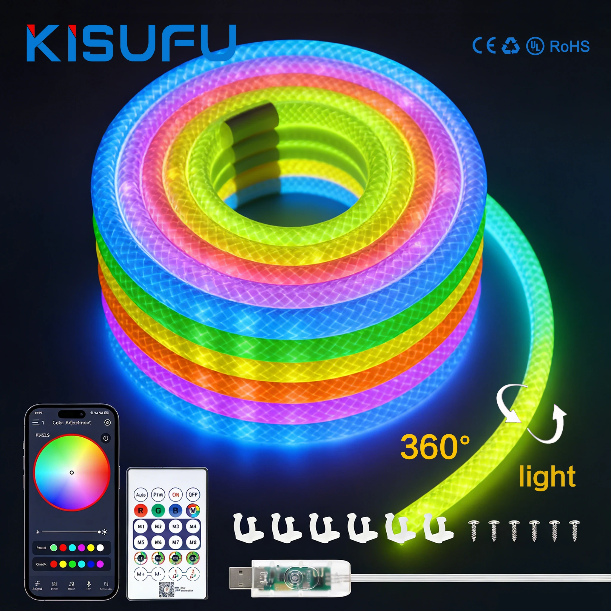 

Светодиодная лента RGBIC WS2812B 5В, 360 градусов, с Bluetooth-управлением, USB, круглая, неоновая, для дома и сада, 1-5 м