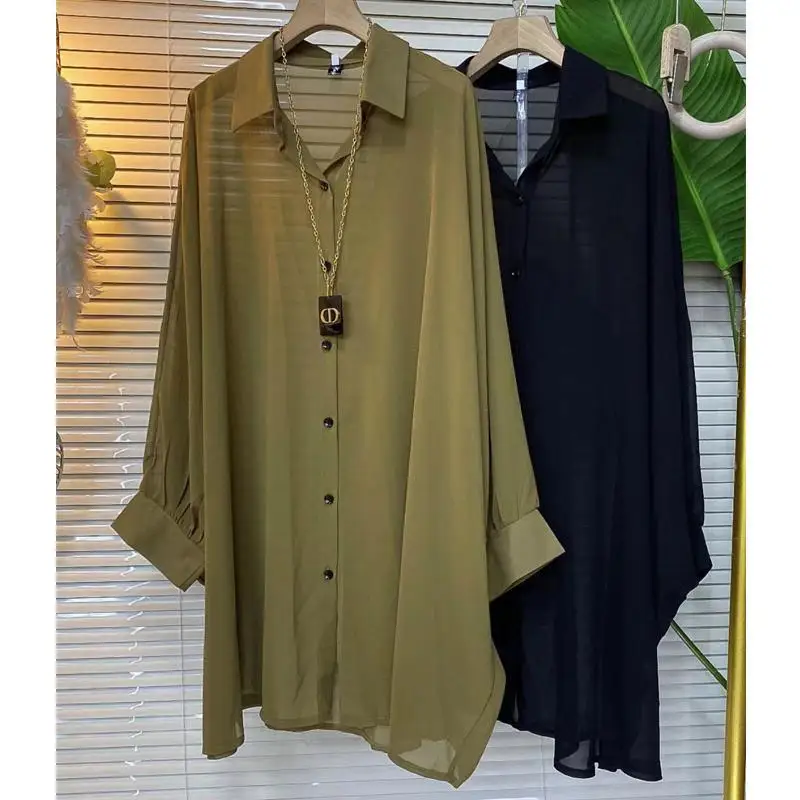 Spring Autumn New Solid Color Thin Solid Color Long Sleeve Shirt Women High Street Fashion Casual Button Mid-length Cardigan