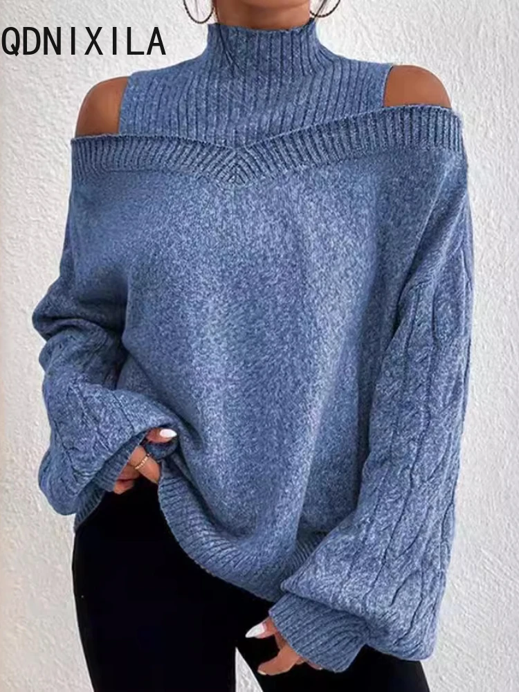 Oversized Sweater Women  Falling Shoulders Lantern Sleeve Nail Bead Pullover Winter New High Collar Sexy Sweaters Women's Tops