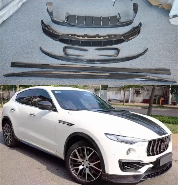 

Передний бампер для Maserati Levante 2016-2020, воздушный нож, задний багажник, диффузор, спойлер, боковая юбка, Комплект тела LD из настоящего углеродного волокна