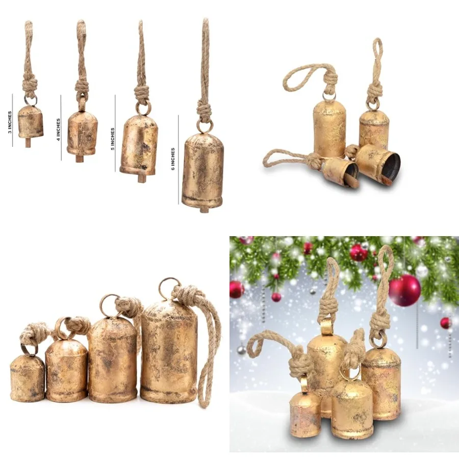 

Set of 4 Tibetan and Witch Bells Rustic Gold Metal Bells with Rope for Christmas Tree Decor Farmhouse Holiday Decoration Wreath