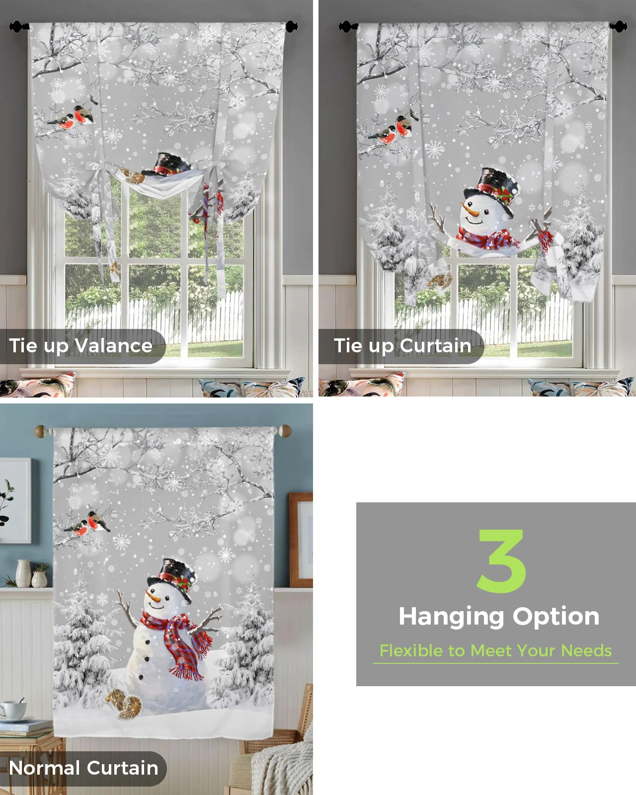 Christmas Tree Snowman Snowflake Grey Short Balloon Curtain Tie Up Valance Home Bedroom Kitchen Partition Decor Window Curtain