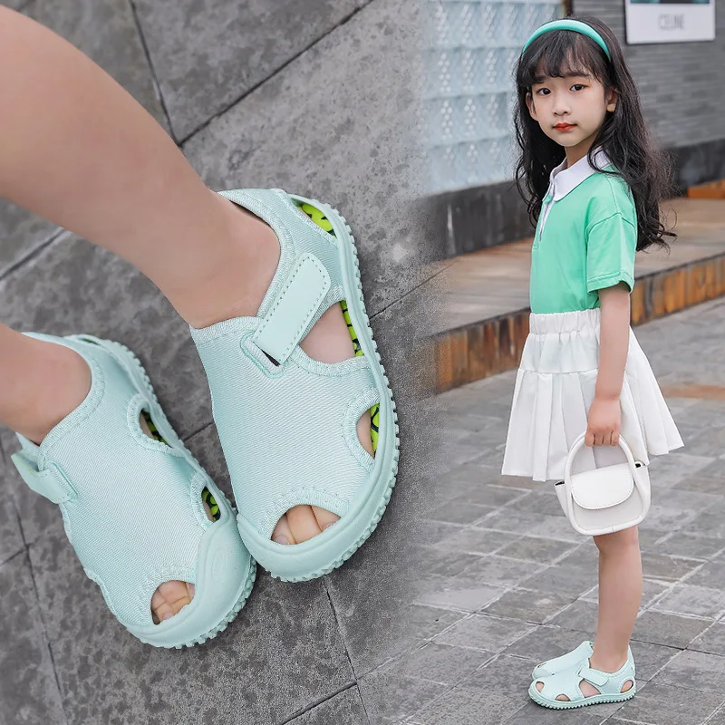 Summer Children Beach Sandals for Boy Solid Hollow Out Kids Shoes Closed Toe Non-slip Girls Cloth Shoes Outdoor Casual Sneakers