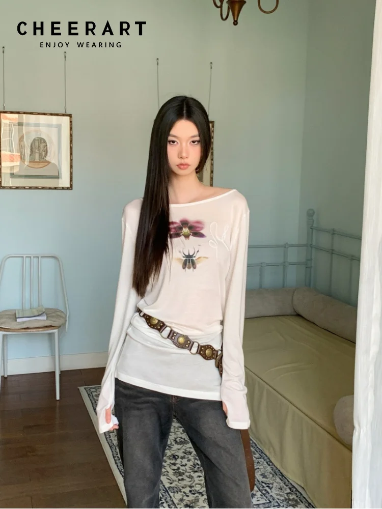 CHEERART Beetle And Orchid Print White Long Sleeve Top Slash Neck Knitted Top Fashion T Shirt For Women Clothing 2025 Spring