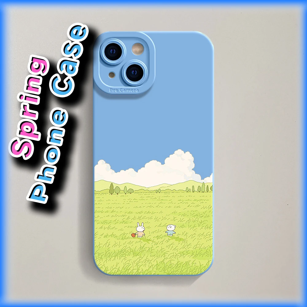 Kawaii Idyllic Art Phone Case for IPhone 7 8 XR 11 12 13 14 15 Pro Max Plus Grassland Rabbit Anime Shockproof Protective Cover