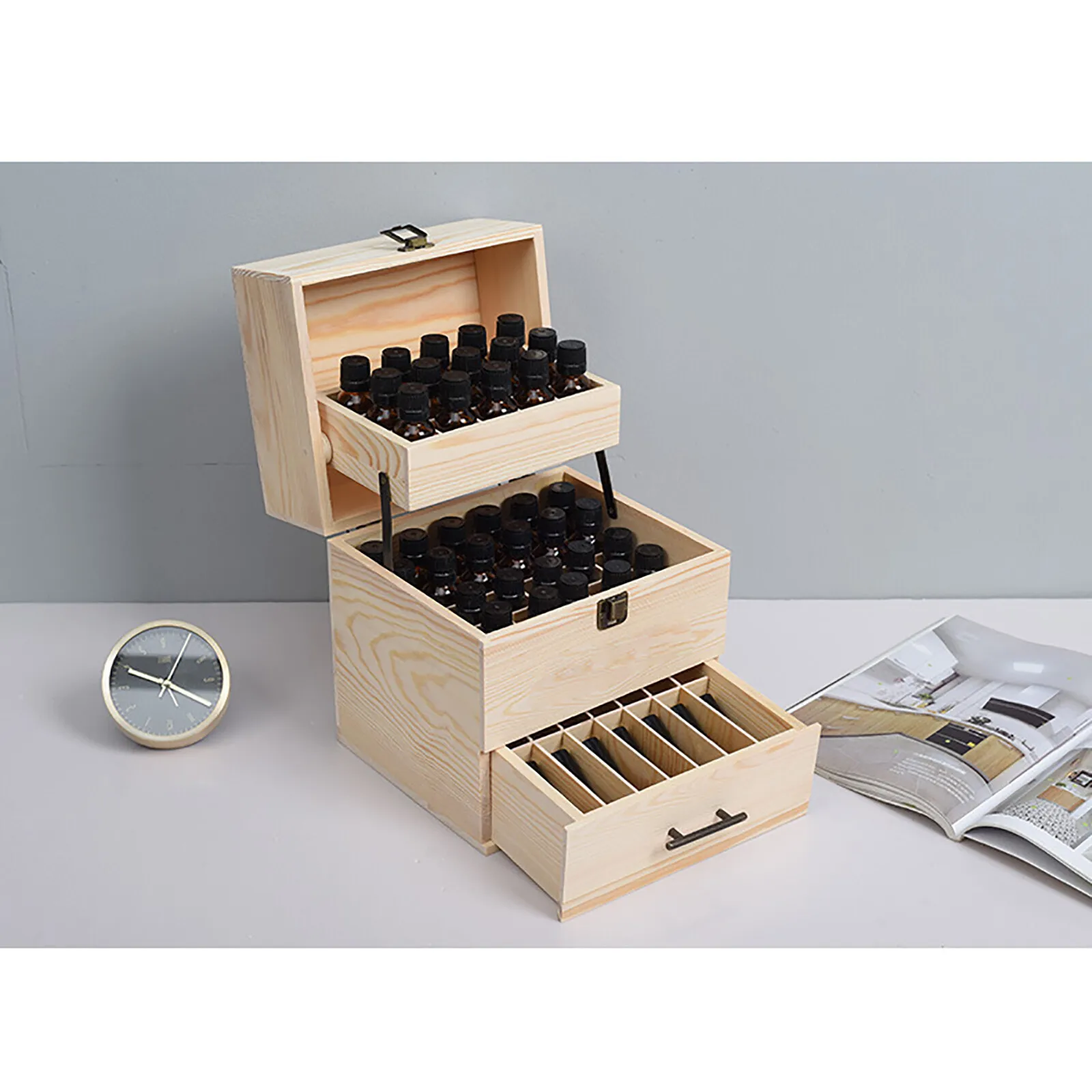 Wood Essential Oil Box, 59 Grid Wood Essential Oil Box Essential Oil Packaging Display Box High Quality 3 Tier Essential Oil Box