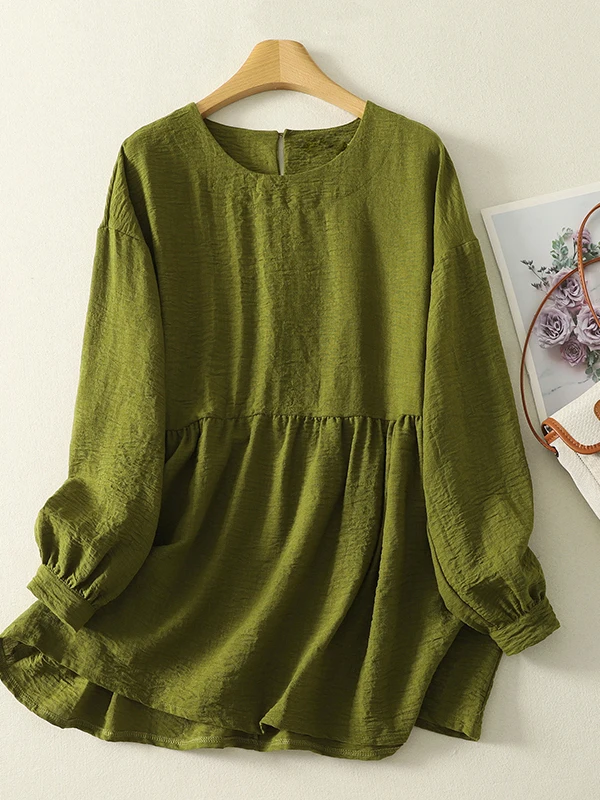 

Loose Fit Large Size irt Women's Design Sense een Pleated Mid-Length Doll irt Top Breathable Long Sve round Ne