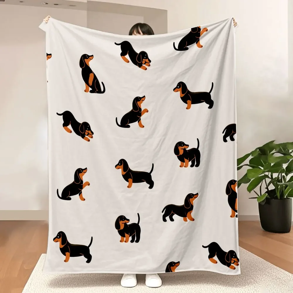 Dachshund Wiener Dog Throw Blanket Black Tan Cartoon Puppy Graphic Couch Sofa Soft Bedding Quilt Pet Lover Bedroom Home Decor