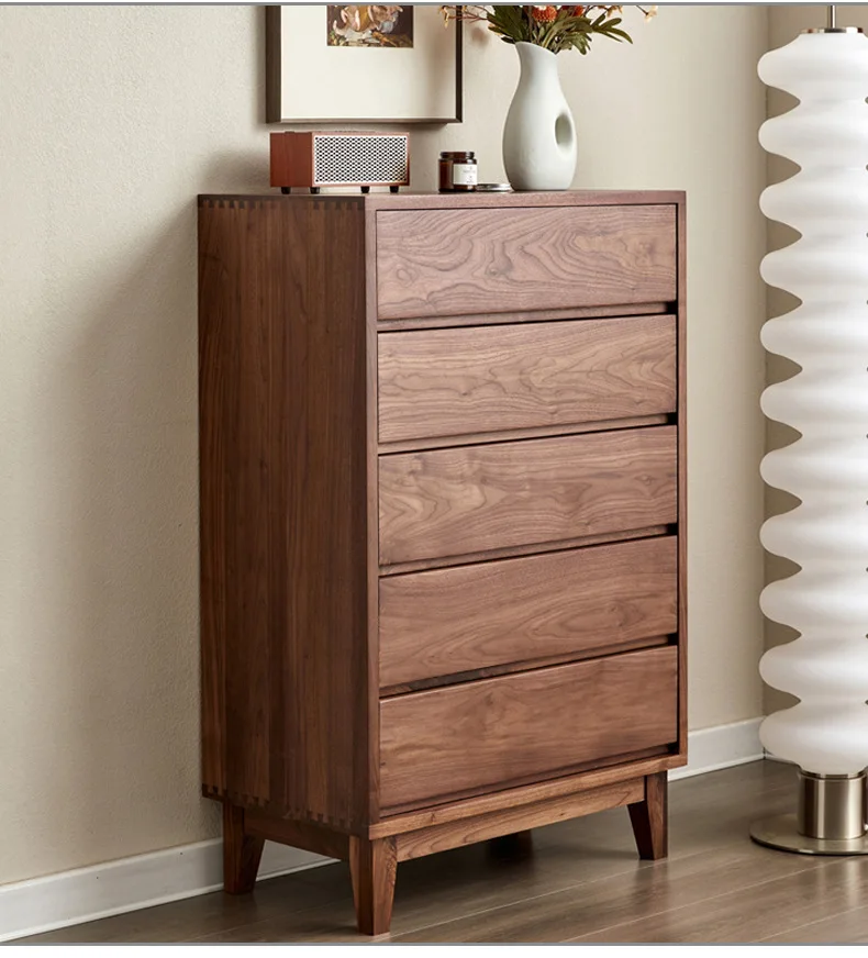 Black walnut wood chest of dressers, all solid wood bedroom furniture, natural wood color storage five-drawer chest