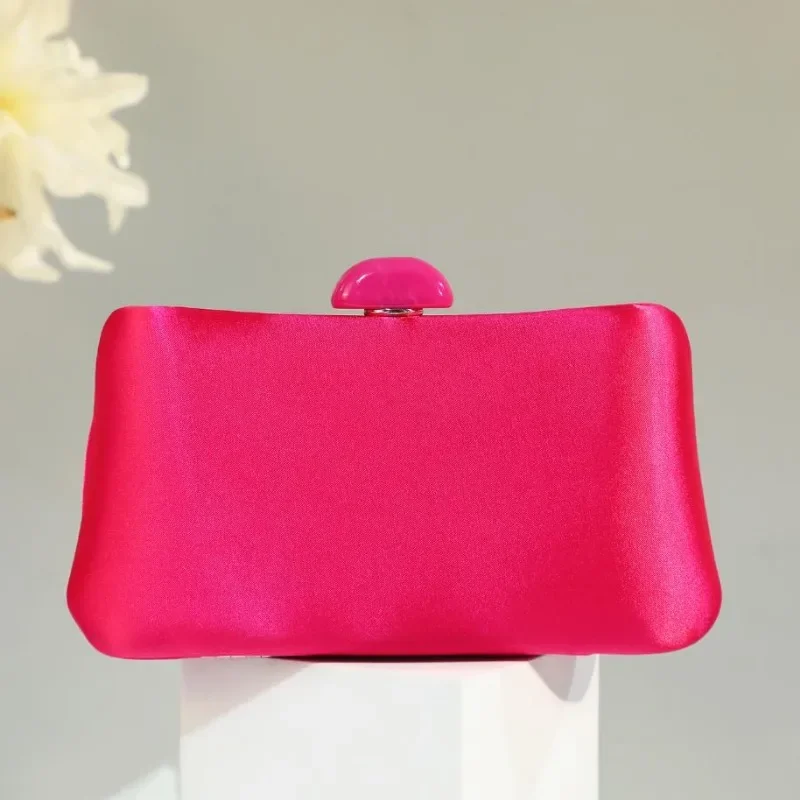 Elegant Hot Pink Clutch Purse Fashion Classic Evening Bags Glossy Pure Color Silk Like Satin Hand Bag with Corssbody Chain