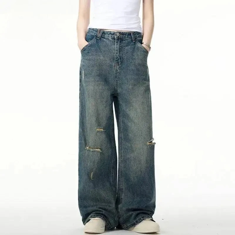 

High Street Men's Denim Pants Hole Design Solid Color Casual Wide Leg Trendy Spring Bottom Straight Male Male Jeans