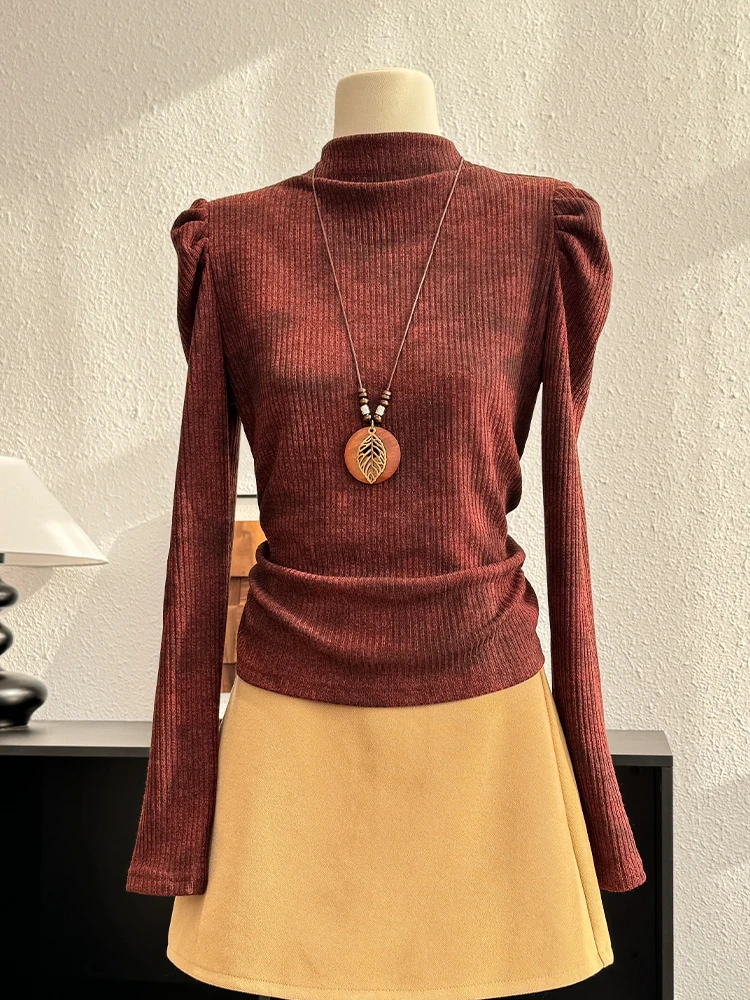

Elegant Vintage Puff Sleeve T-shirt for Women Autumn Fashion New Casual Bottoming Tops Japan Korean Style All-match Pullover