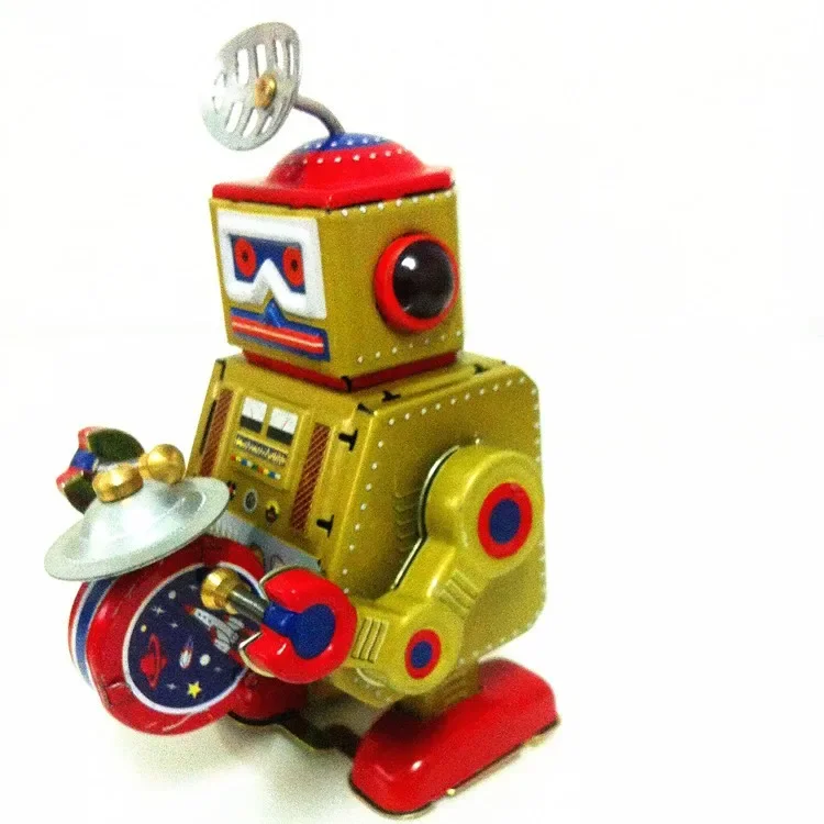 [Funny] Classic collection Retro Clockwork Wind up Metal Walking Tin Band Play gong drum robot recall Mechanical toy kids gift