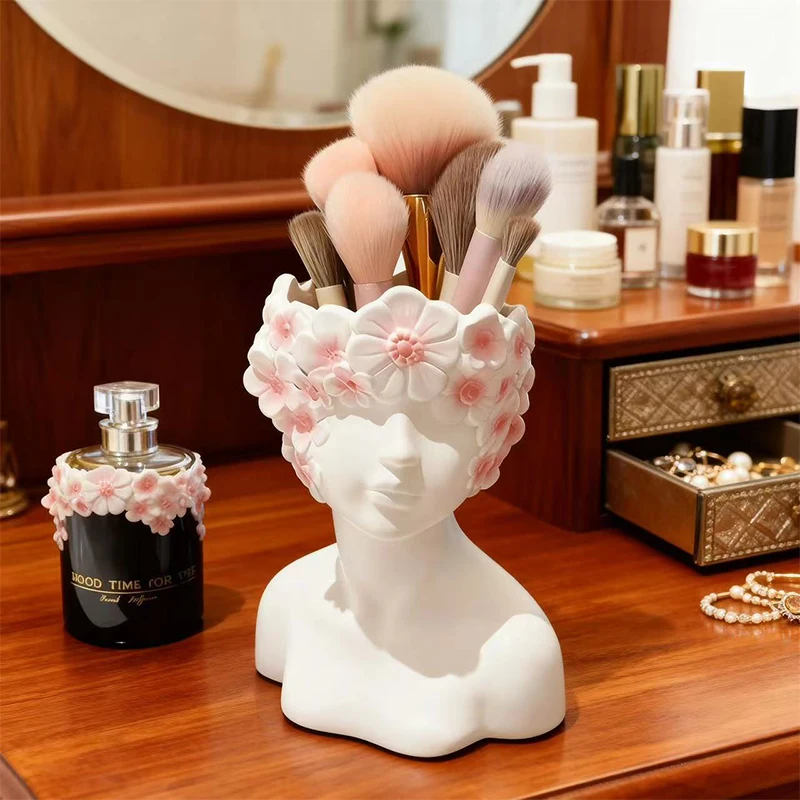 Nordic Style Flower Girl Makeup Brush Storage Cylinder Fashion Dresser Storage Tank Eyebrow Brush Eyeliner Pen Storage Box