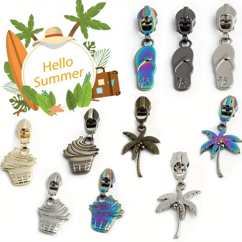 5PCS Summer Cool Coconut Palm Tree Slippers Ice Cream Zipper Puller Cute Fashion School Bag Quilt Bag DIY Sewing Puller