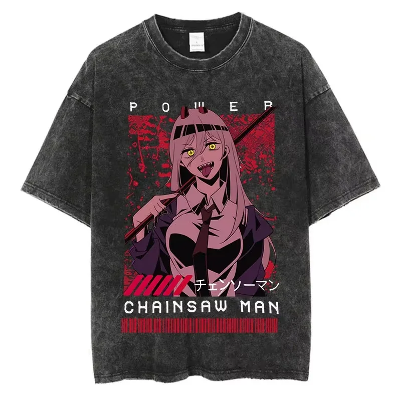 Chainsaw Man Vintage Washed T-Shirt for Men and Women 2026 Summer Cartoon-Patterned Loose Casual Short-Sleeved Top