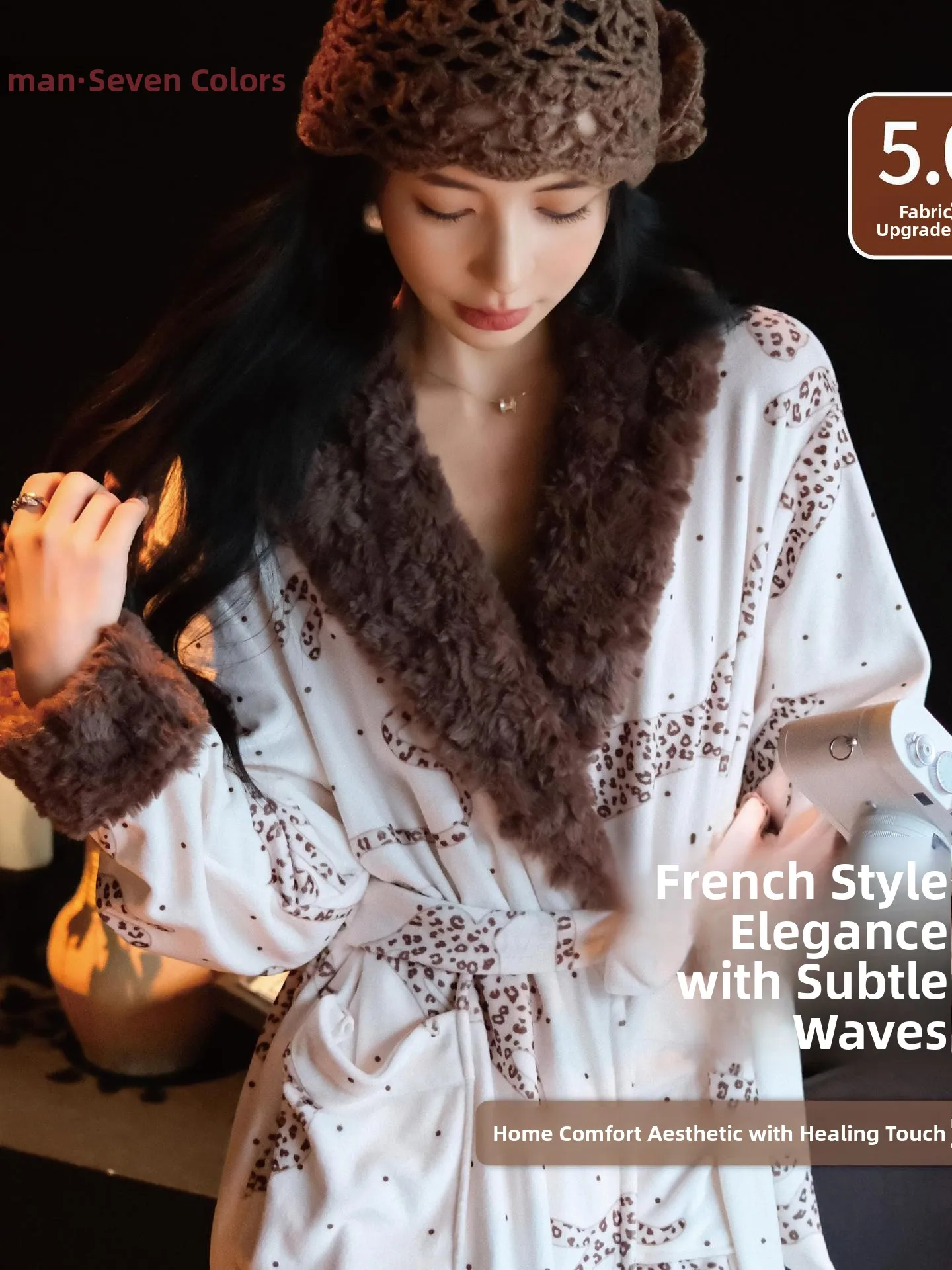 island-velvet-print-sleepwear-women's-thickened-home-clothes-warmth-plush-collar-belted-autumn-winter-home-robe