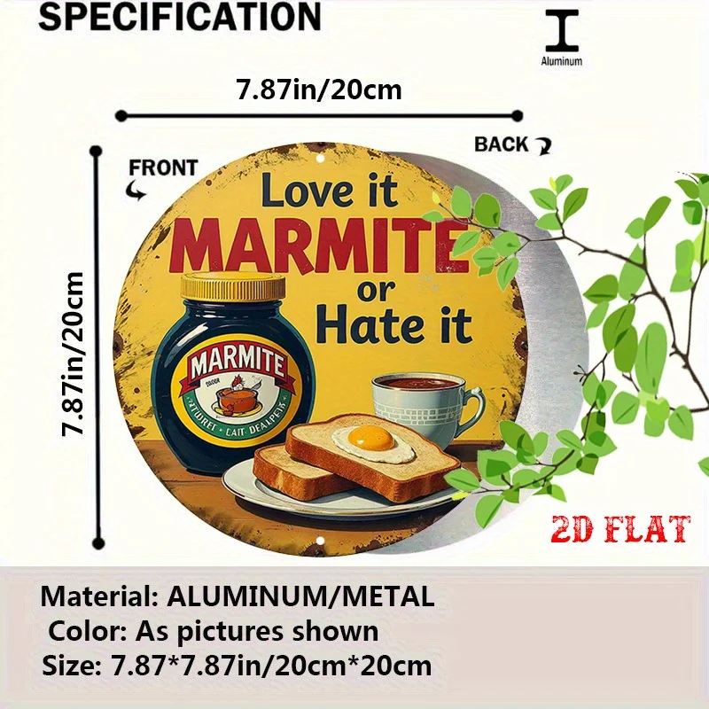 لافتة مسطحة ثنائية الأبعاد، قطعة واحدة من علامة المارميت المستديرة المصنوعة من الألومنيوم - "أحبها أو أكرهها" لوحة فنية جدارية للطعام البريطاني، 7.87 × 7.87 بوصة، ديكو إفطار ريفي #2