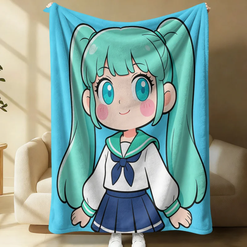Hatsune Miku Big Head Sailor Uniform Flanell-Überwurfdecke, Schlafzimmerdekoration, niedliche Anime-Überwurfdecke für Nickerchen, Klimaanlagen-Überwurfdecke, Sofa-Überwurfdecke