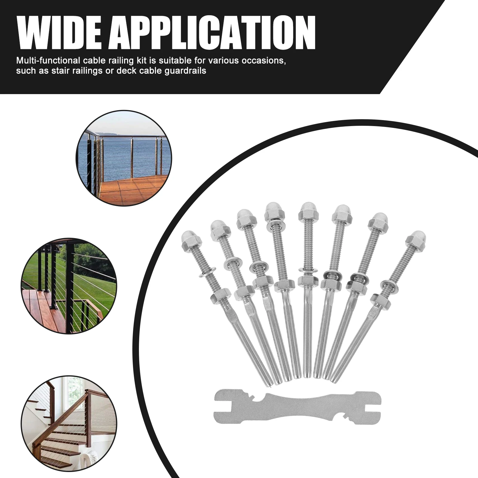 

8pcs 1/8 Wire Rope Connectors Stainless Steel Cable Railing Hardware Deck Tensioner Lag Screws Threaded Stud