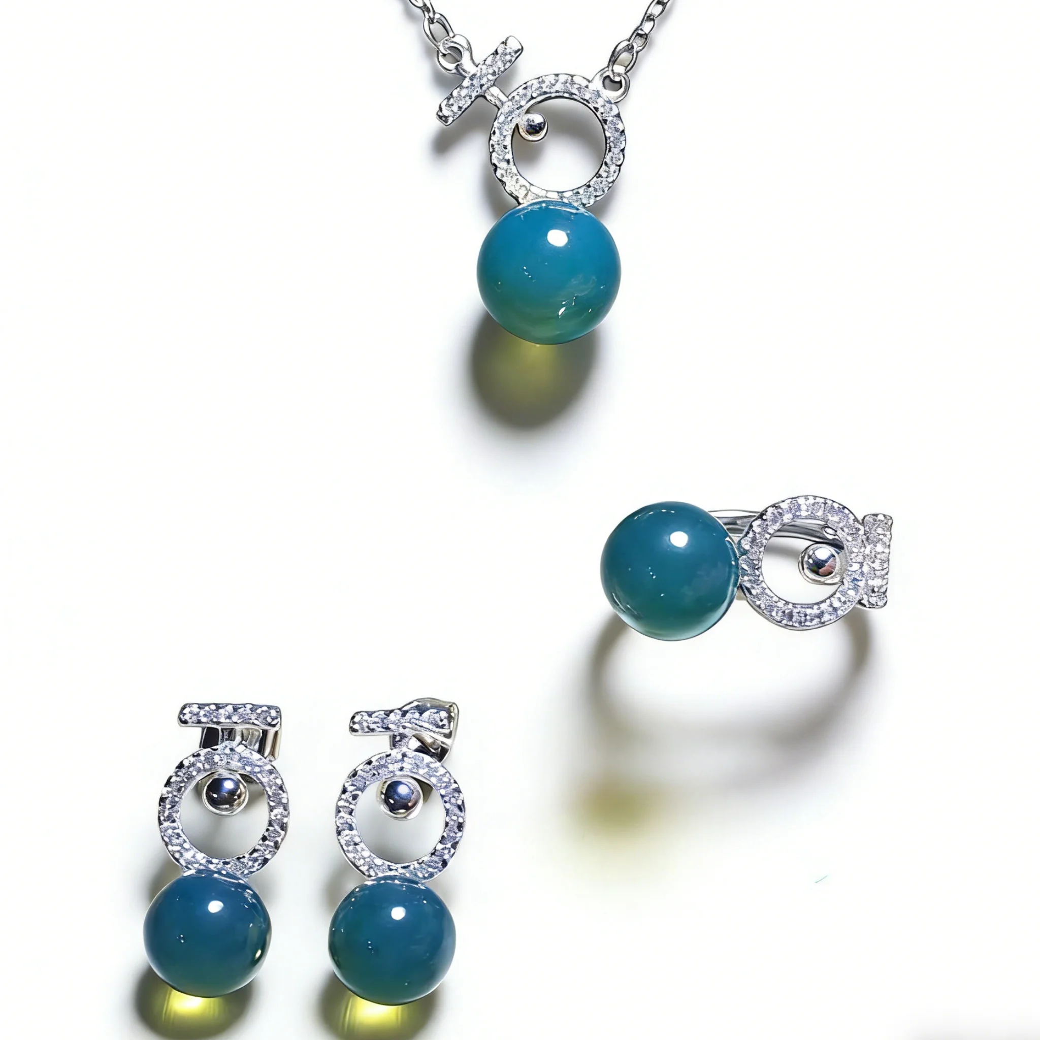 

Sterling Silver Mexican Blue Amber Jewelry Set: 9mm Pendant, 7mm Earrings, 8mm Ring with Halo Diamond Design, Modern & Versatile