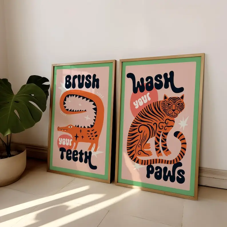 2pcs/set Tiger Wash Your Paws Bathroom Canvas Printing Funny Toilet Jungle Art Wall Art Poster for Modern Living Room Home Decor