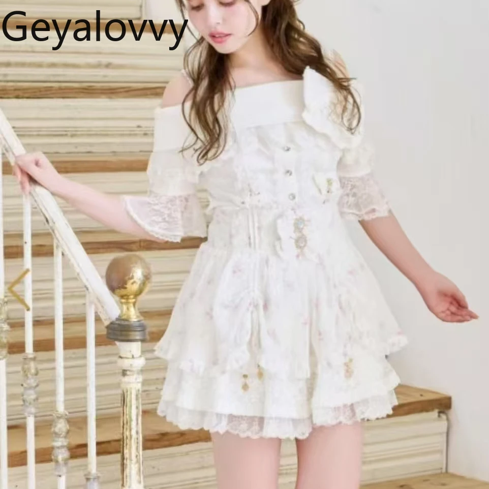 Japanese Style Liz Cute Sweet Girl Retro Print Lace-up Drawstring Short Skirt Summer New Bow Lace High Waist Mini Skirts