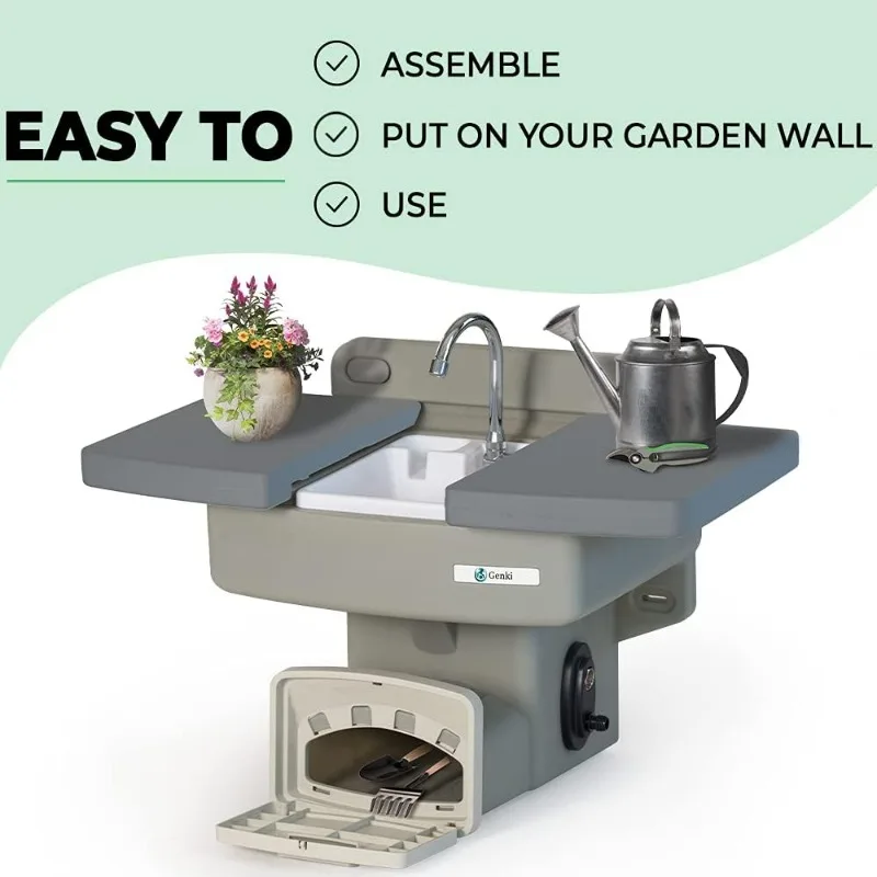 White Potting Bench with Hose Holder - Gardening Drinking Fountain - Hand Washing Water Station with Hookup