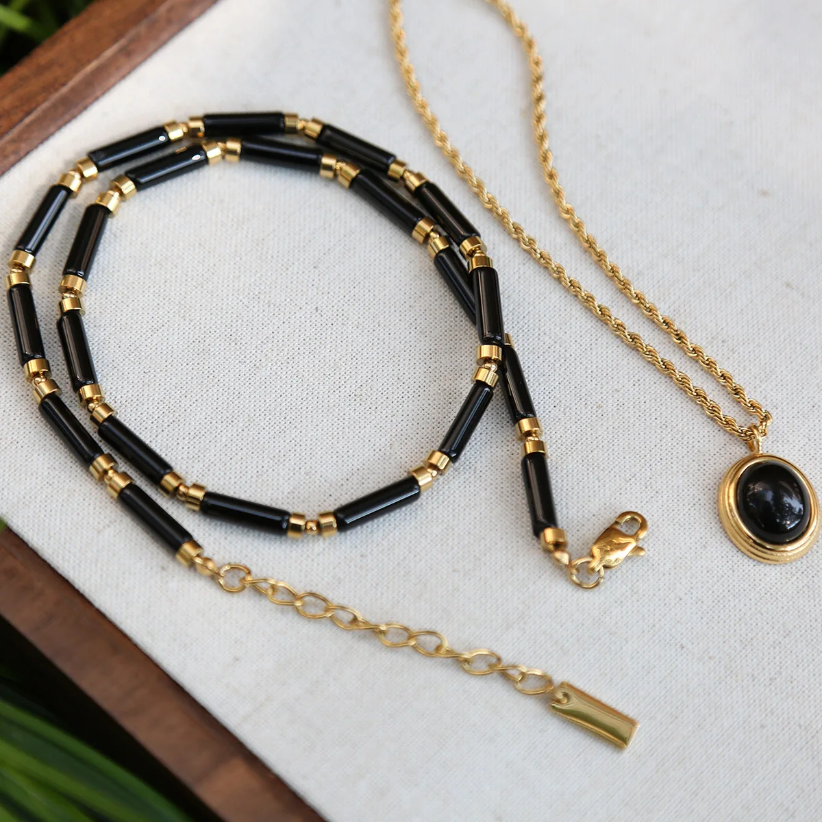 Cuentas de ónix natura lblack Retro de alta calidad, accesorios de acero de titanio, collar de cadena, clavícula para regalo de mujer