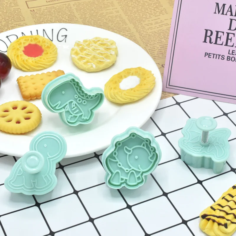 4Pcs Dinosaur Cookie Cutter Biscuit Embosser Stamp Mold Cartoon Animal Pattern Fondant Cookie Molds Baking Cake Decorating Tools