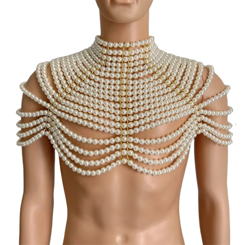 Weiße Perlenkette Mehrschichtige Körperkette Vintage Exotischer Perlen-Schal-Top Hochgeschlossenes Hochzeitsparty Y2K Crop Top Übergroßes T-Shirt – Detail 1