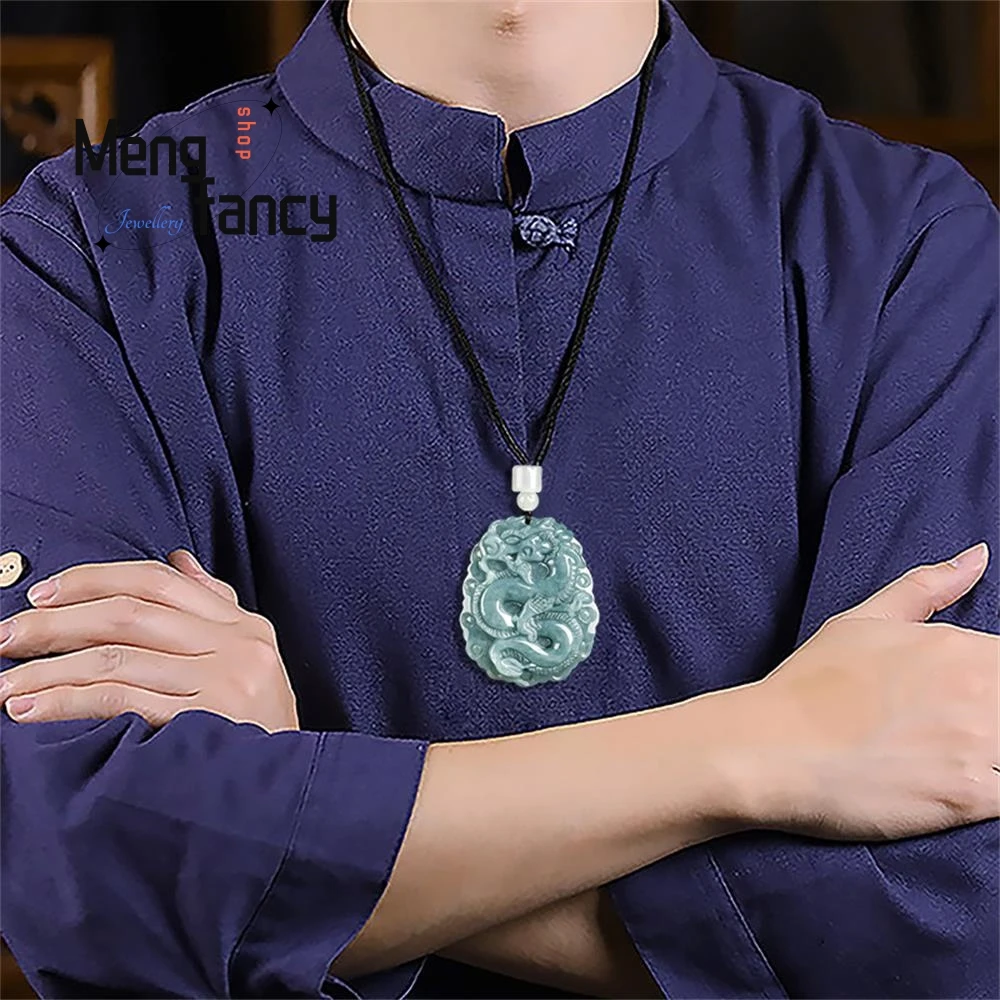 Natural A-goods Jadeite Blue Water Zodiac Dragon Business Prosperity Attracting Wealth Pendant Personalized Fashion Fine Jewelry