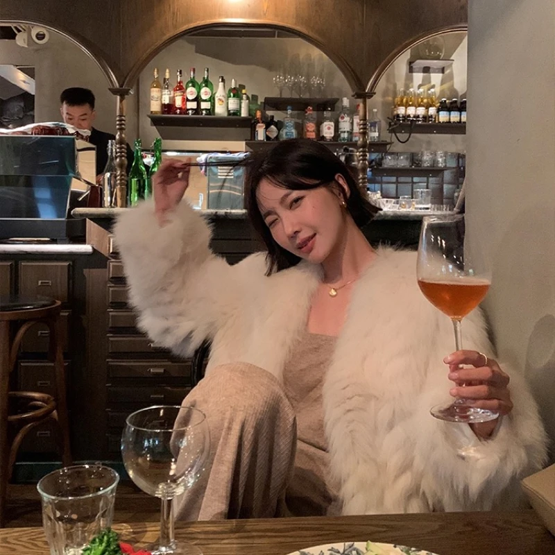 YOLANFAIRY 천연 여우털 코트 여성 겨울 따뜻함 V넥 긴팔 우아한 한국 스타일 천연 여우털 자켓 여성 2025