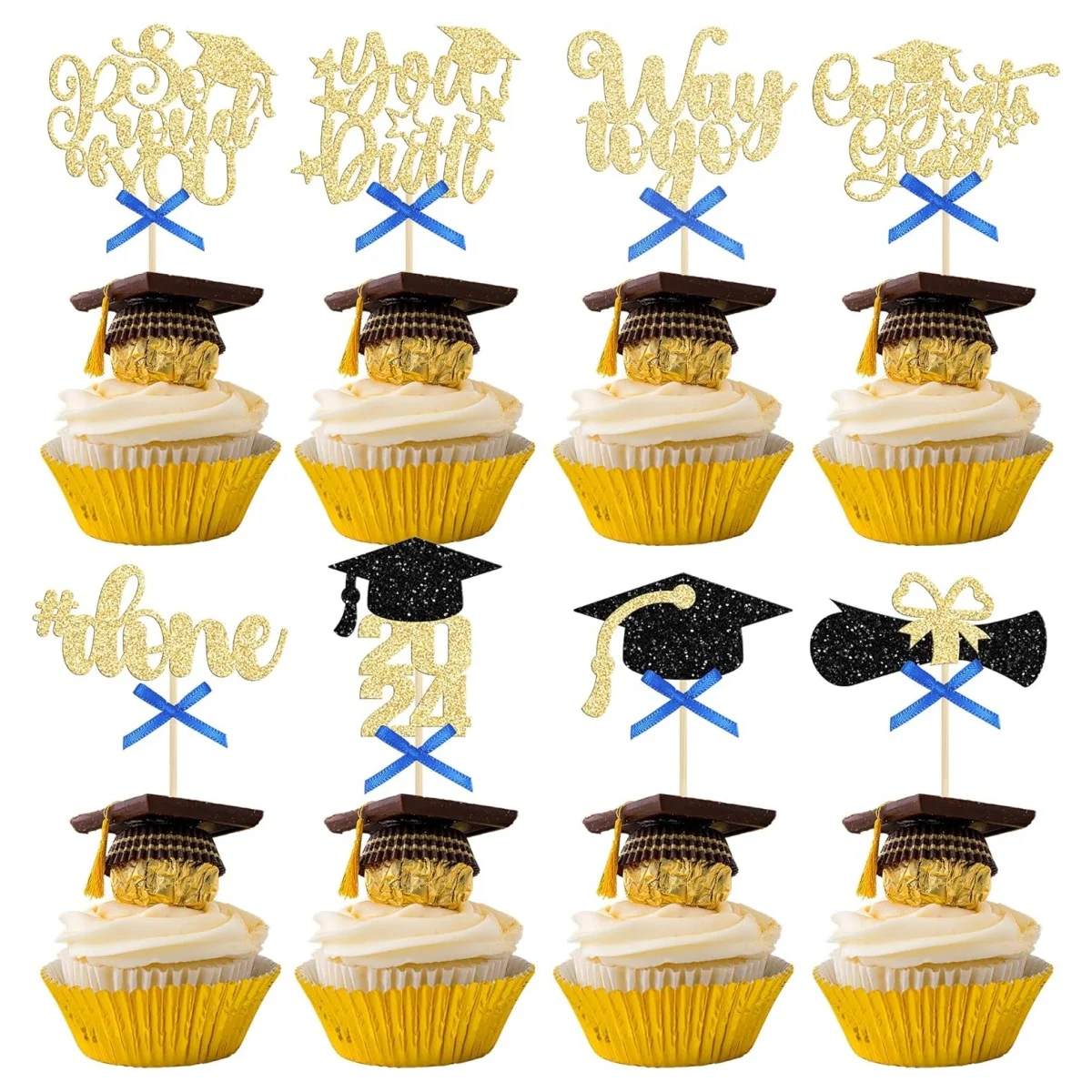 32Pcs 2024 Graduation Cupcake Toppers Glitter So Proud of You Done Diploma Grad Cap Cupcake Picks Class of 2024 Cake Decorations