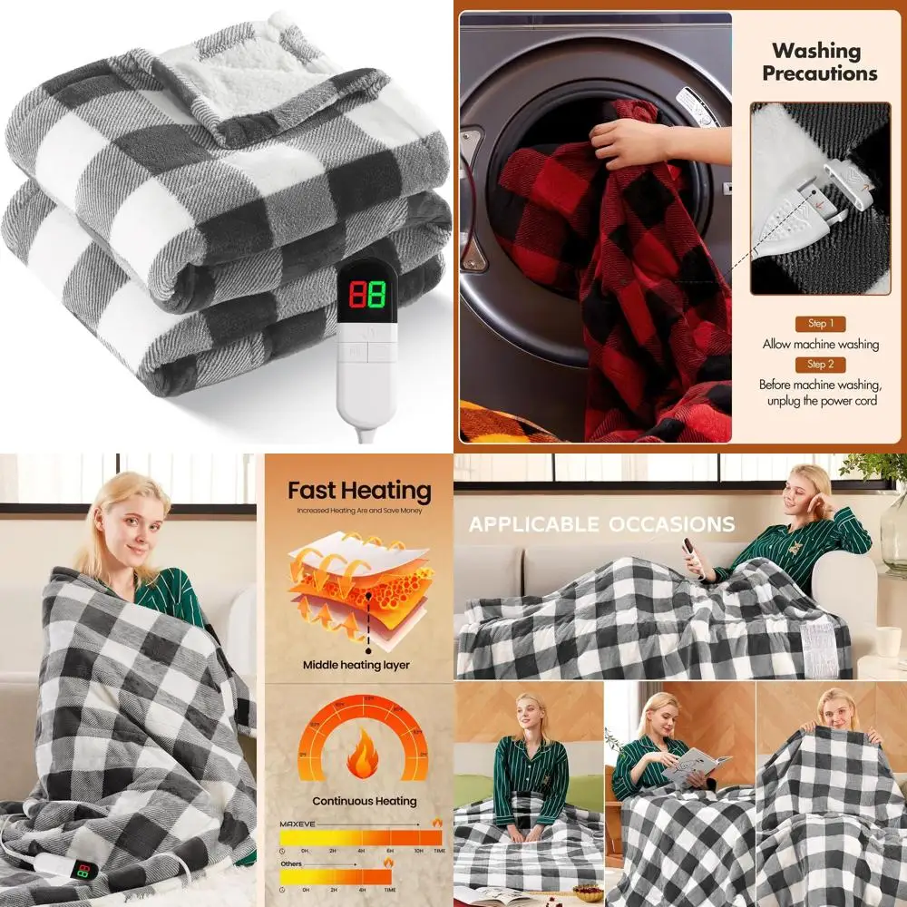

62x84 Twin Sherpa Buffalo Plaid Christmas Blanket, 8 Heat Levels, Auto-Off, Washable, Overheat Protection, ETL Certified, Grey