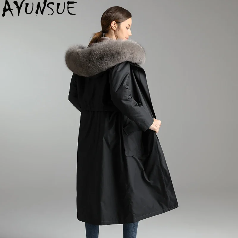 AYUNSUE, ropa de invierno para mujer, abrigo de piel 2020 Natural con Cuello de piel de zorro, Abrigo de Piel de Conejo Rex con capucha, Parkas largas cálidas para mujer 9117