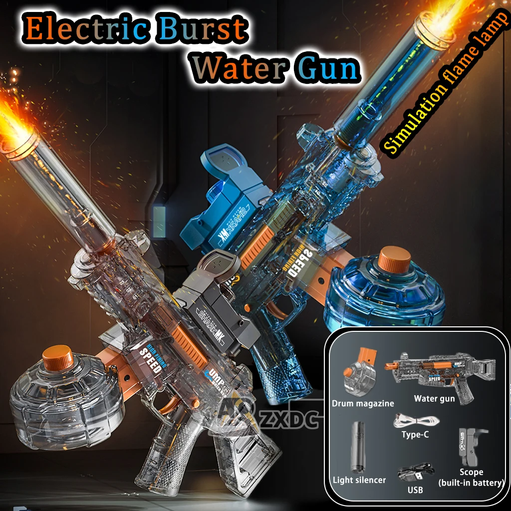 2024 New Electric Continuous Water Gun UMP45 Outdoor Toy Simulated Flame Boys Girls squirt Guns Launcher Birthday Gifts kids