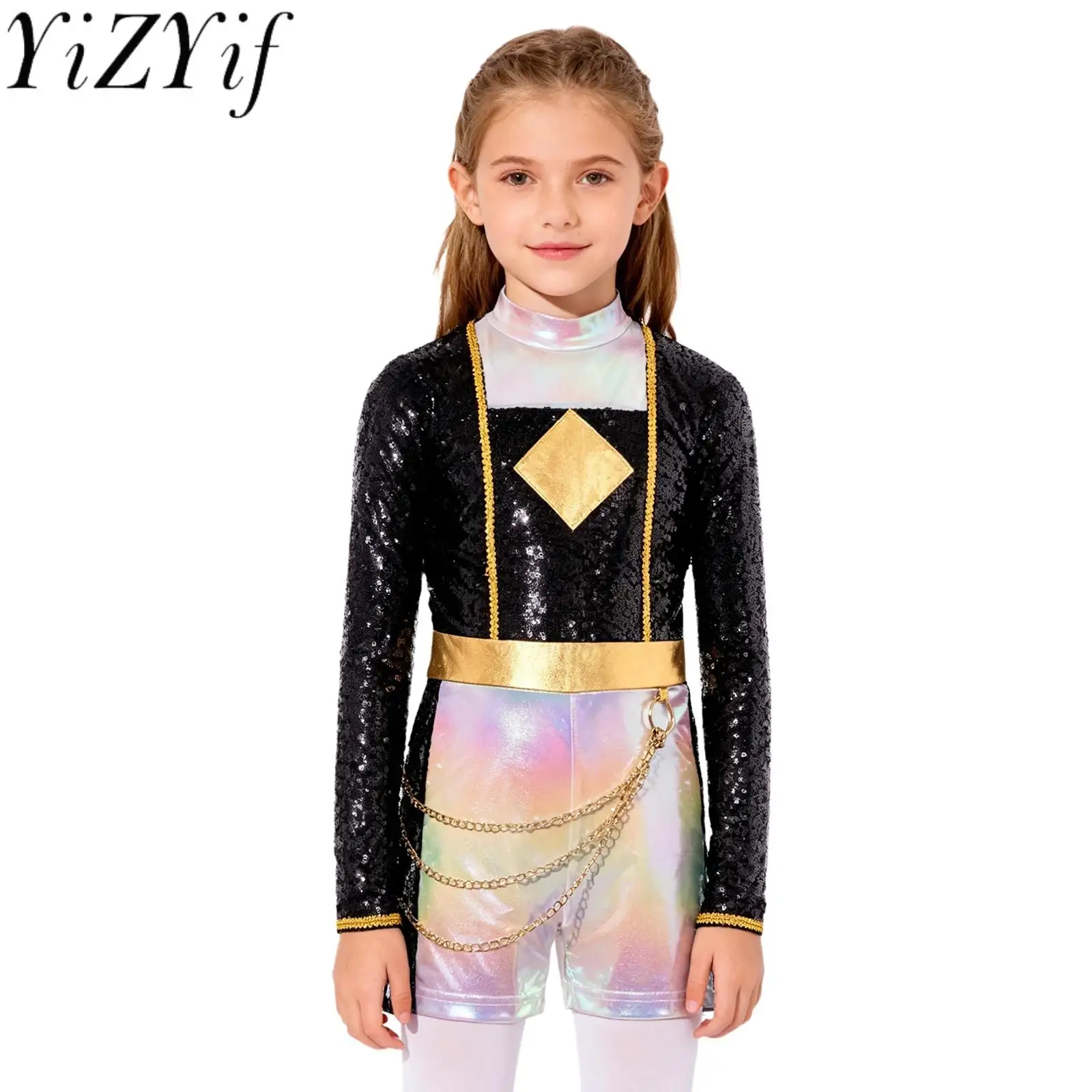 هالوين الصيادين تأثيري المطربين مرحلة الأداء دور اللعب الزي لامعة الترتر طويلة الأكمام الخصر سلسلة الظهر بذلة قصيرة