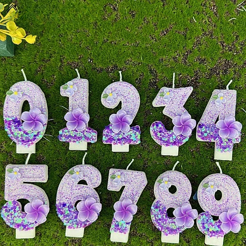 Purple Flower 0-9 Number Cake Candle Birthday Memories Decoration Candles Girl Boy Number Wedding Decorations Candles