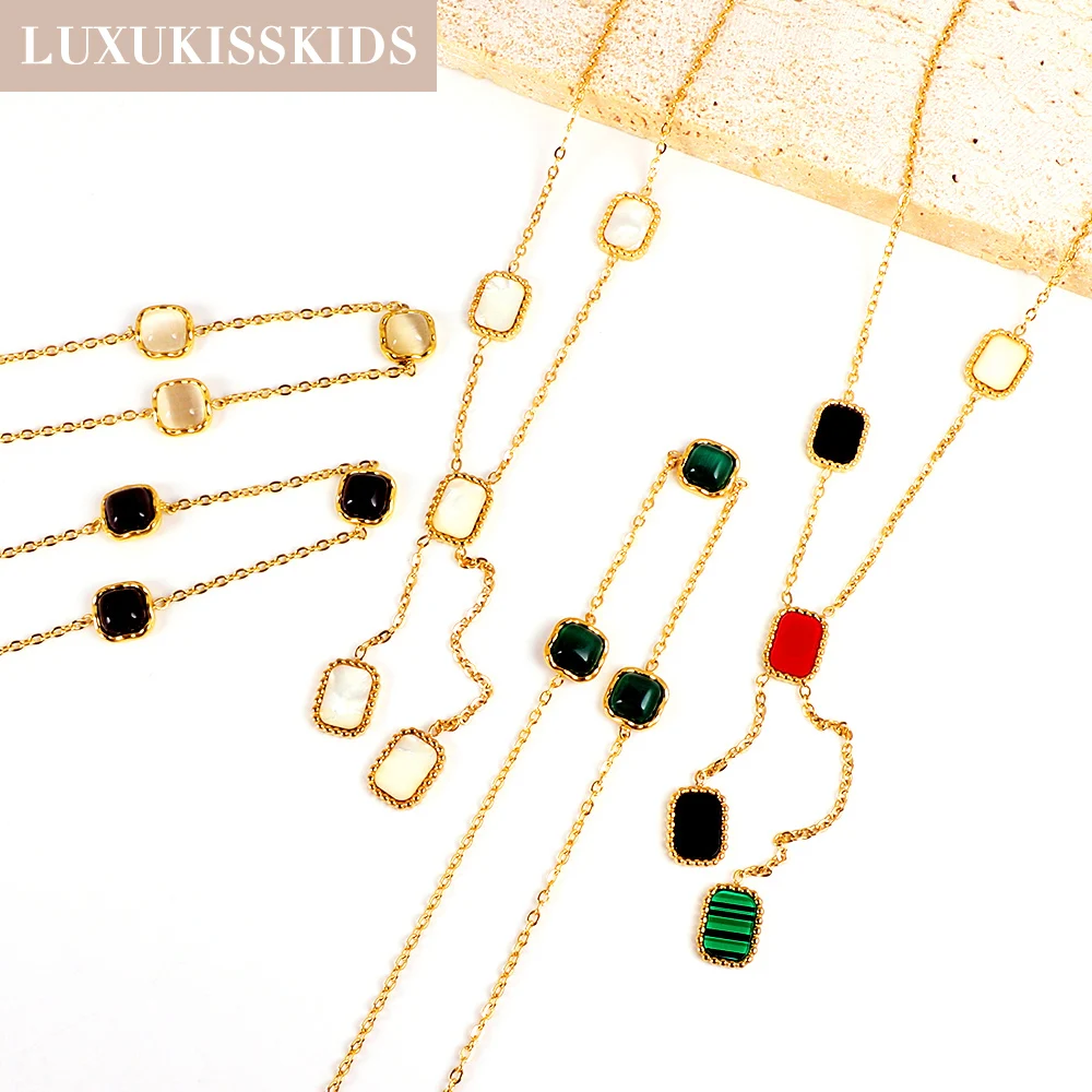 LUXUKISSKIDS Stainless Steel Sweater Charms Necklace Luxury Cat Eyes Green Square Shell Long Collier Elegant Christmas Jewelry