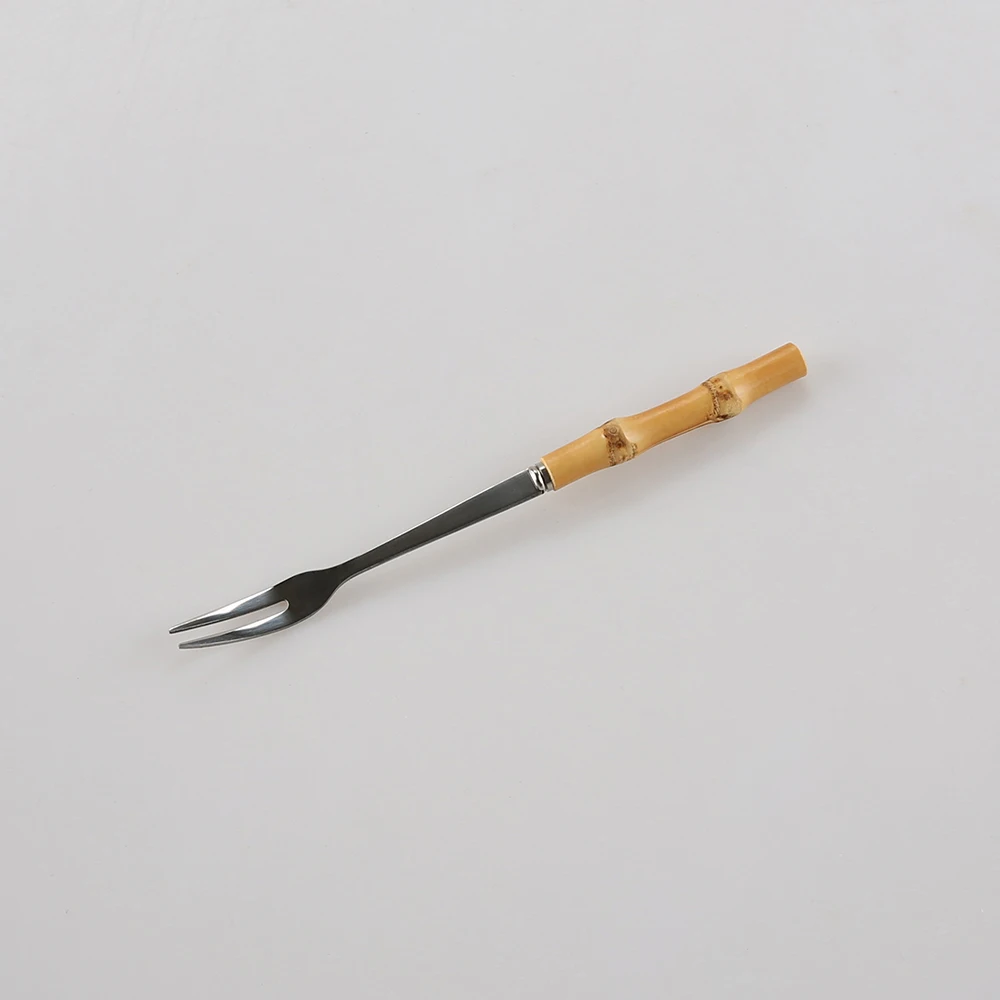 Novelty Two Teeth  Stainless Steel Long Handmade Natural Bamboo Root Wood Handle Cake Dessert Small Fruit Fork