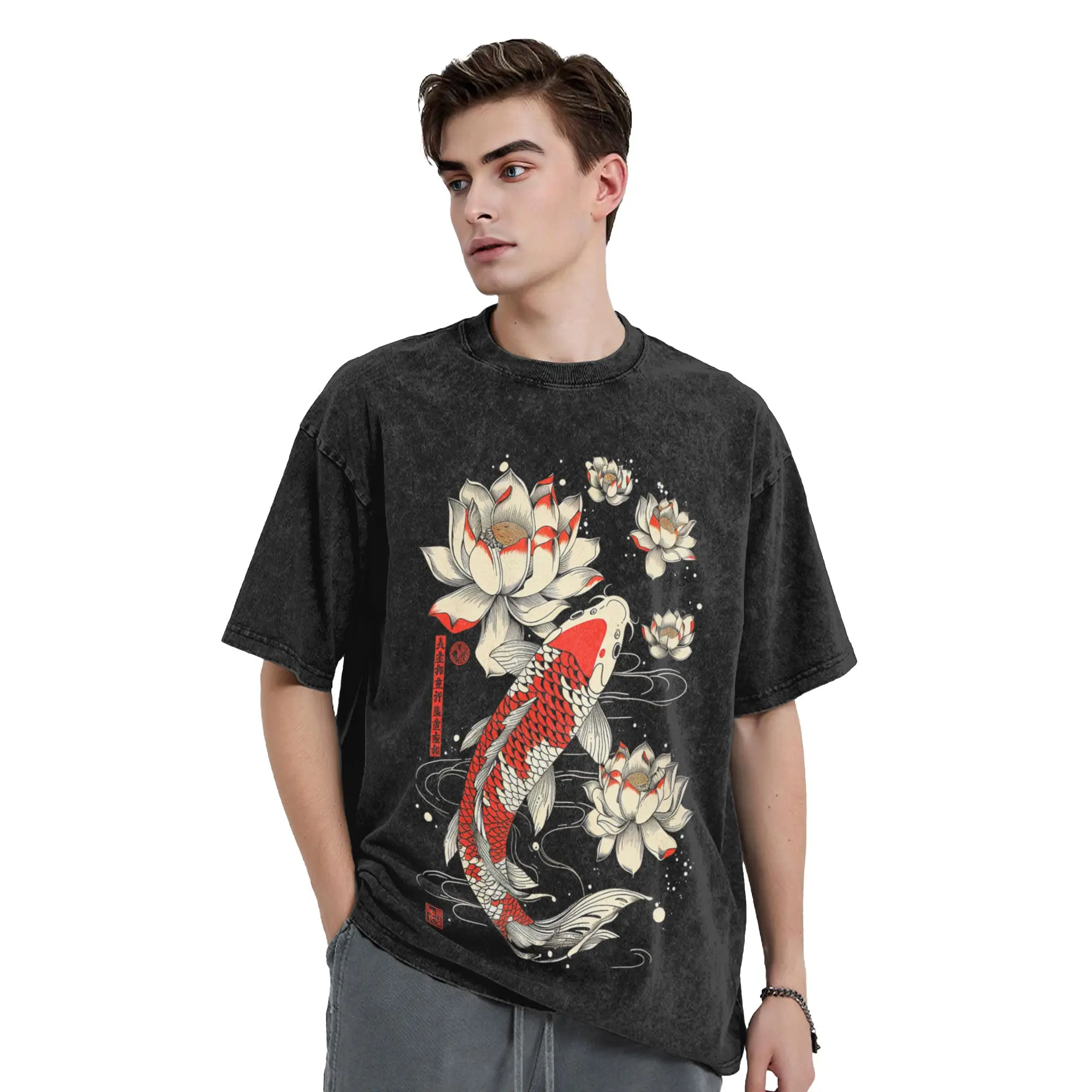 Japanese Koi Fish Lotus Flowers T Shirts Washed Short Sleeve Street T-Shirts  Vintage Men Women Streetwear Summer Tee Shirt