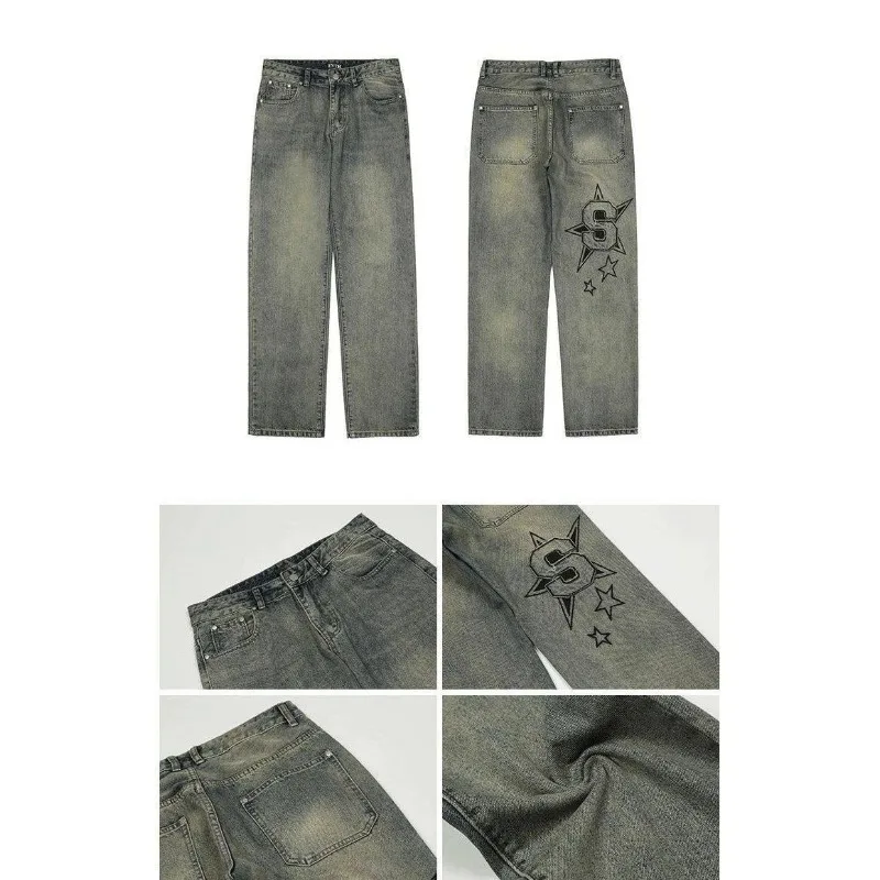 high quality American Style High Street Old Embroidered Jeans Men's Trendy Brand Street Loose Straight Long Pants