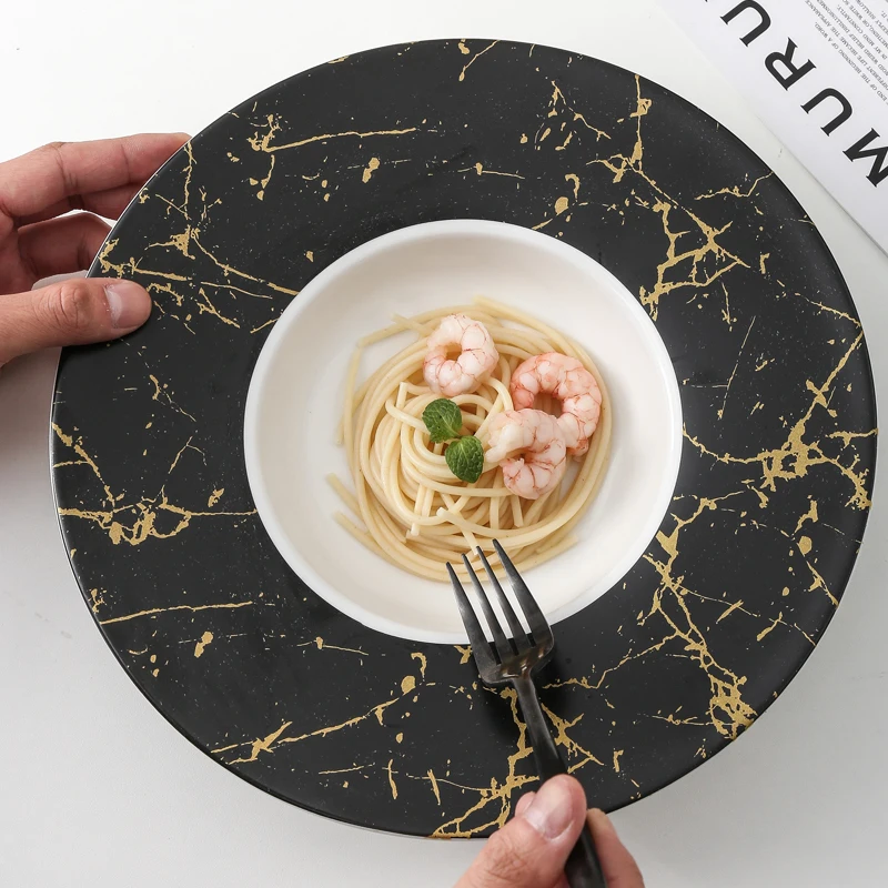 

Modern Ceramic Plate European Western Restaurant Spaghetti Straw Hat Plates Marble Texture Home Fruit Salad Dish Kitchen Cutlery