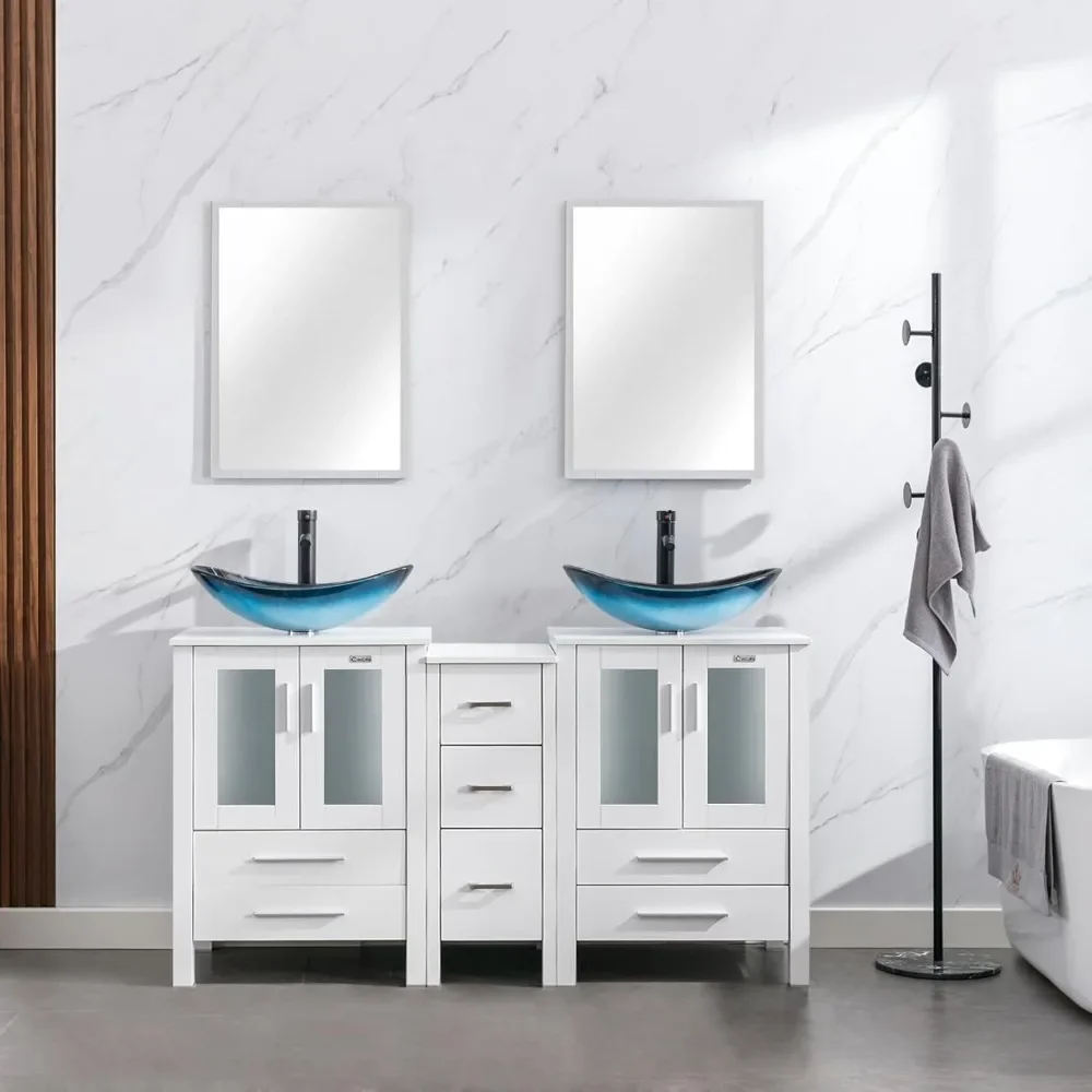 Bathroom Vanity Sink Combo White W/Side Cabinet Set Blue Boat Tempered Glass Vessel Sink,Bathroom Vanity Sink Set