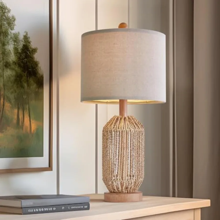 21" Boho Table Lamp for Living Room Bedside Lamp for Nightstands Rattan Lamp for Bedroom Farmhouse Table Lamp for Room Decor En