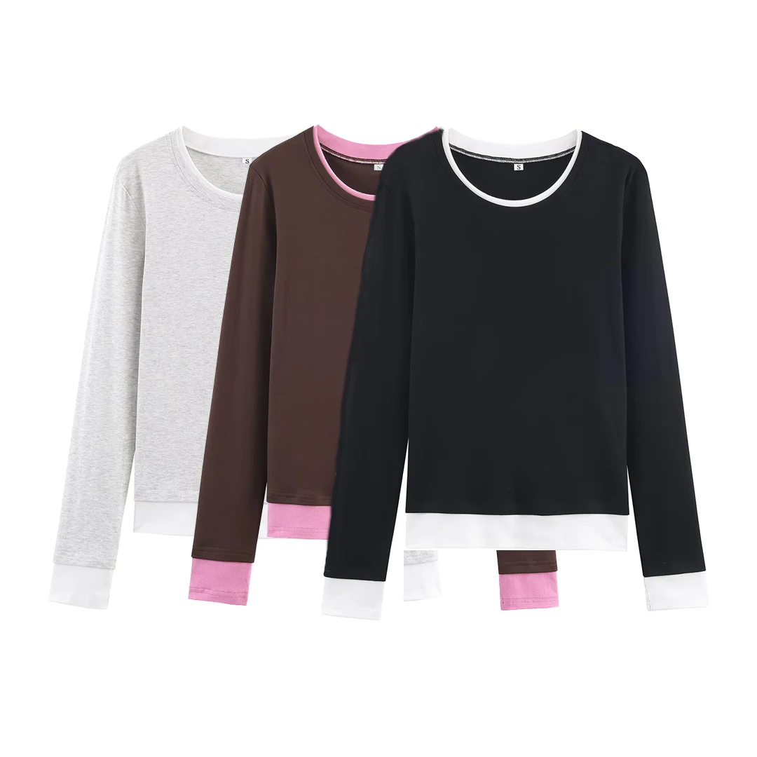 

Topenomi модные контрастные цветные футболки с длинными рукавами женские осенние облегающие базовые топы с круглым вырезом корейские простые универсальные футболки